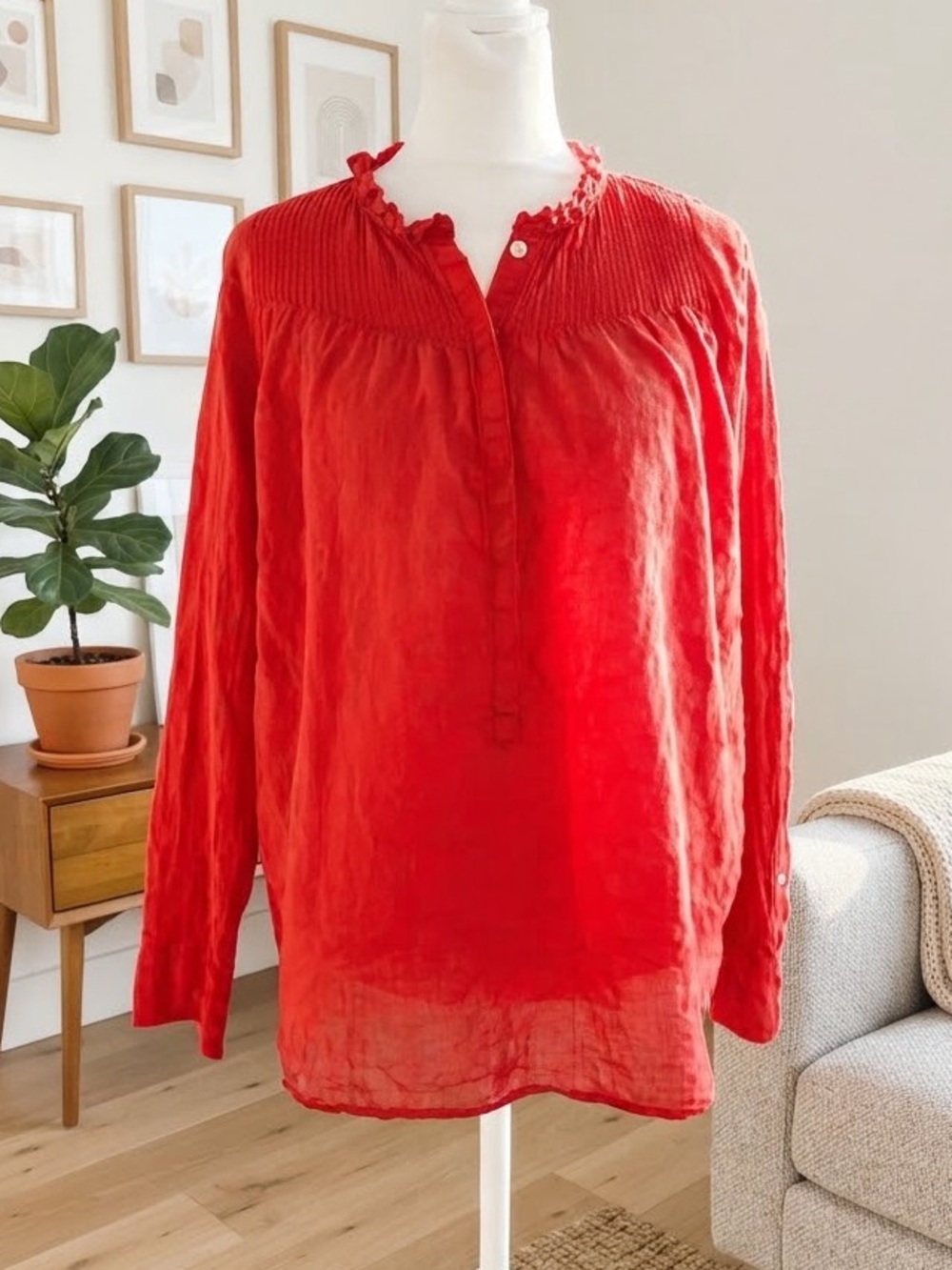J. Crew Red Long-Sleeve Ruffle-Yoke Tunic